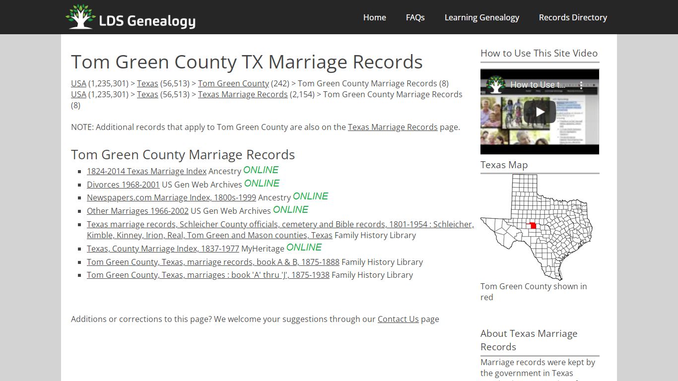 Tom Green County TX Marriage Records - LDS Genealogy